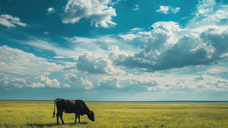 A single cow grazes in a vast green field with a backdrop of a stunning sky and clouds, highlighting the solitude of rural life.の素材