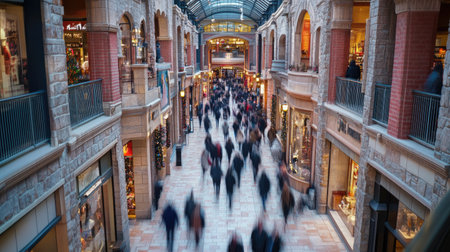 A busy retail store with a stone building exterior, viewed from outdoors, captures the essence of a shopping extravaganza.の素材