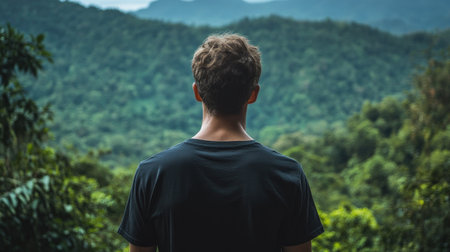 Rear view of a man in a plain black t-shirt, set against the natural beauty of a dense green forest and mountain backgroundの素材