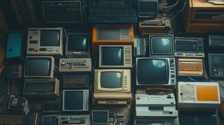 A collection of old electronics ready for recycling, symbolizing sustainability and environmental responsibility in modern society.の素材