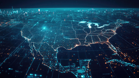 A futuristic digital representation of North America at night, featuring illuminated cityscapes and advanced technology integration across the continent.の素材