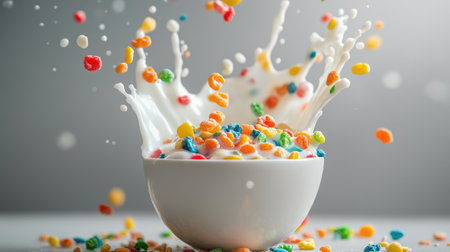 A vibrant splash of milk with colorful cereal grains falling into a bowl, set against a grey backdrop. Copy text area for creative food concepts.の素材