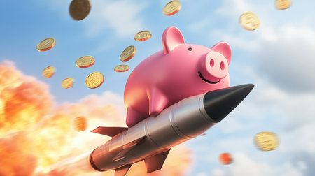 Pink piggy bank on a missile, with gold coins flying into its mouth, symbolizing progress in saving money.の素材