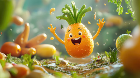 A joyful cartoon vegetable, full of life and excitement, stands out in a vibrant, playful environmentの素材