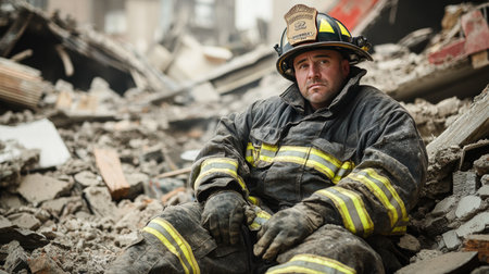 A fireman rests on the debris of a collapsed building, worn out and somber, after a heroic effort in a tragic scene.の素材