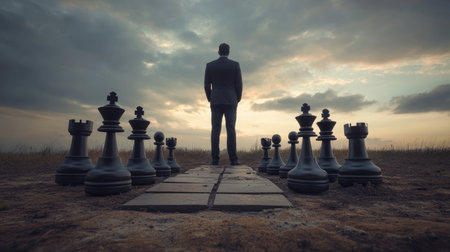 A thoughtful businessman standing beside fallen chess pieces, gazing into the distance, contemplating strategy and decisions.の素材