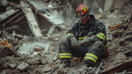 A fireman, exhausted and saddened, sits on the rubble of a collapsed building, reflecting the toll of heroic effortsの素材