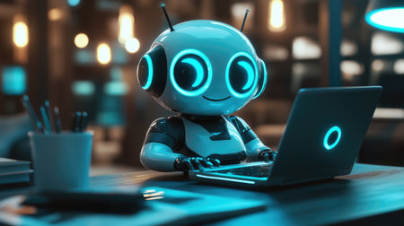 Cute robot at a desk, working on a laptop, merging technology with a lovable design for future AI concepts.の素材