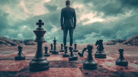 Businessman in a suit looks into the distance, with chess pieces scattered at his feet, symbolizing reflection after a challenging move.の素材
