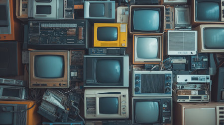 A collection of old electronics ready for recycling, symbolizing sustainability and environmental responsibility in modern society.の素材