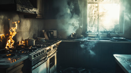 Aftermath of a kitchen fire, with charred appliances and smoke damage, highlighting the importance of fire safety, prevention, and recovery.の素材