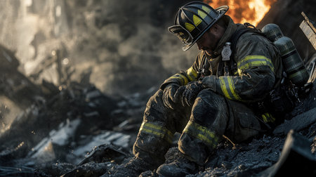 A weary fireman, overcome with emotion, sits on the remains of a building, reflecting the aftermath of a heroic rescue.の素材