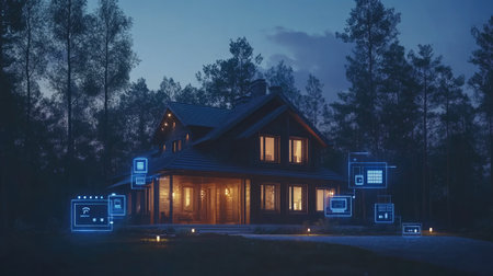 A smart home lit up at dusk, surrounded by digital connectivity symbols, illustrating the future of technology in residential living.の素材