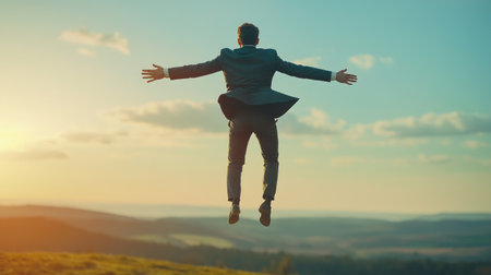 Flying businessman, arms outstretched, symbolizes freedom, ambition, and breaking barriers in the business world.の素材