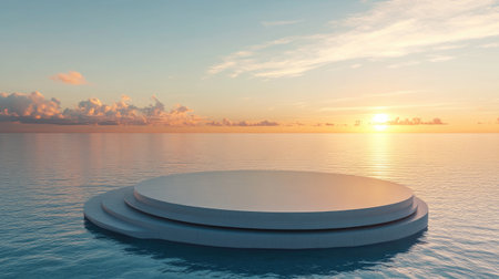 Modern architectural design featuring a circular platform over blue water at sunset, with a serene, peaceful atmosphere under a clear sky.の素材