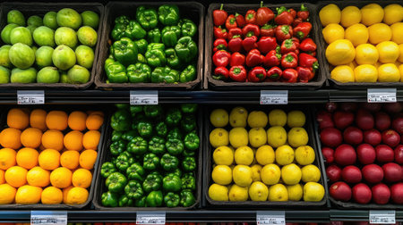 Fresh fruits and vegetables in a modern supermarket's produce section, emphasizing variety and quality in healthy food options.の素材