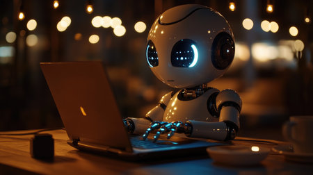 Adorable humanoid robot typing on a laptop, representing the future of AI with a touch of personality and efficiency.の素材