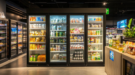 Spacious refrigerated section in a supermarket, with shelves stocked with various products, offering a cool shopping experience.の素材