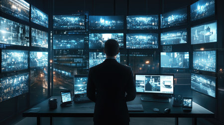 Central control room with a security guard observing live surveillance feeds, ensuring real-time protection.の素材
