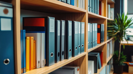 Office shelving unit with neatly arranged binders and supplies, epitomizing efficient organization and workspace order.の素材