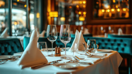 Stylish and luxurious dining setting in a large restaurant, with elegant table arrangements for a refined experience.の素材