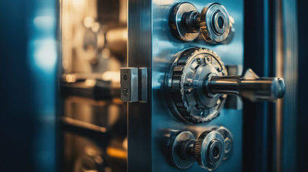 A close-up of a high-security bank vault door, showcasing its robust design and heavy-duty locks.の素材