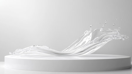 Beautiful white platform with a dynamic liquid splash, ideal for displaying products in a modern, minimalist style.の素材