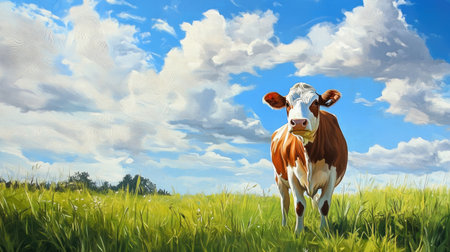The simple beauty of a cow alone in a green meadow, with a sky full of clouds, reflecting the calm of rural landscapes.の素材