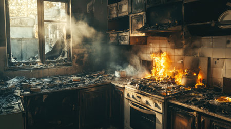 Aftermath of a devastating kitchen fire, illustrating the consequences of neglecting fire safety and the importance of preparedness.の素材