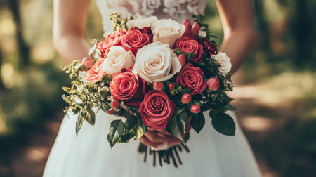 A bouquet of roses held by a bride, symbolizing love and new beginnings.の素材