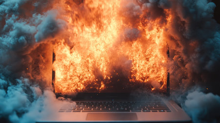 A dramatic scene of a laptop exploding, fire and smoke billowing out as the device is consumed by flames.の素材