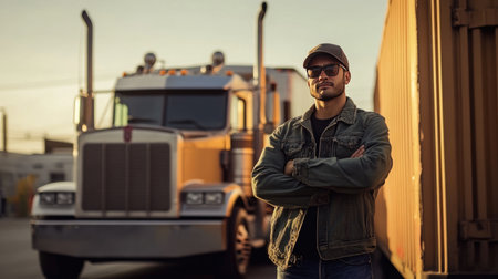 Truck driver standing next to his loaded cargo truck, showcasing the importance of transportation in the supply chain.の素材
