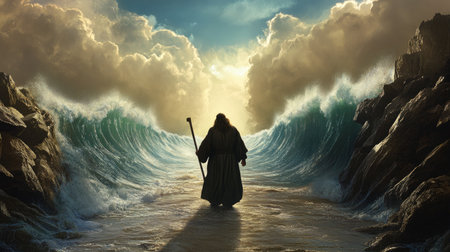 Moses stands before the parted Red Sea, a powerful depiction of divine intervention and biblical miracles.の素材