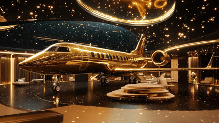 Spectacular nighttime display of a golden jet in a glamorous interior, epitomizing luxury and high-end living.の素材