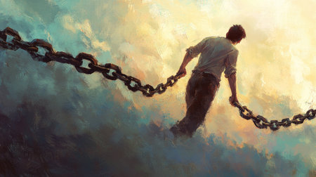 Breaking chains with sheer determination, a man symbolizes the journey to freedom and the power of the human spirit.の素材