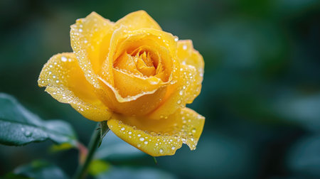 A close-up of a yellow rose with droplets of water on its petals, symbolizing renewal and joy.の素材