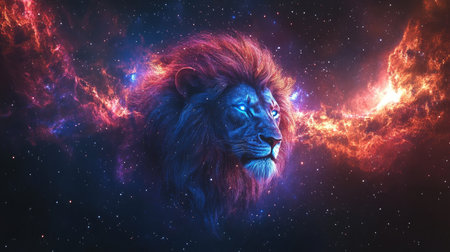 A majestic depiction of the Leo zodiac sign set against a backdrop of vibrant nebulas and distant stars in the cosmos.の素材