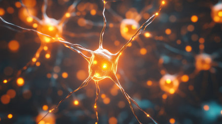 Interconnected neurons with glowing synapses, illustrating the science of neuronal communication and brain activity.の素材