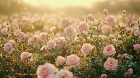 A field of wild roses, their delicate pink petals swaying in the breeze, symbolizing natural beauty.の素材