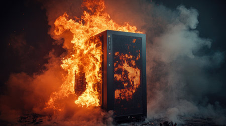 A gaming PC tower erupts in flames, thick smoke billowing out as the device is destroyed in an explosive malfunctionの素材