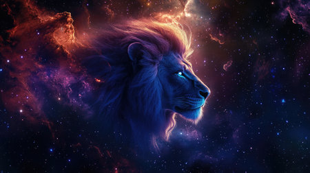 A majestic depiction of the Leo zodiac sign set against a backdrop of vibrant nebulas and distant stars in the cosmos.の素材