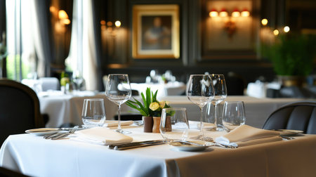 Elegant tables set in a large luxury restaurant, creating a perfect atmosphere for unwinding and fine dining.の素材