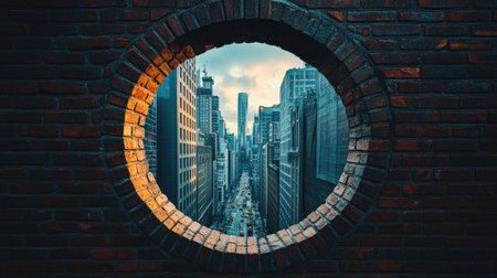 Modern city revealed through a round hole in a brick wall, symbolizing breaking through barriers to reach new heightsの素材