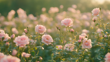 A field of wild roses, their delicate pink petals swaying in the breeze, symbolizing natural beauty.の素材