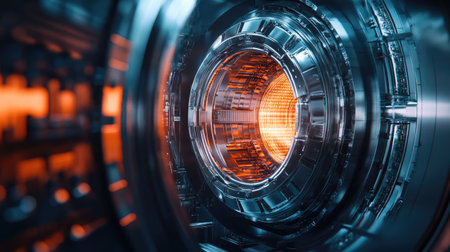 A detailed view of a nuclear reactor's core, highlighting the metal enclosure that ensures safety and containment.の素材