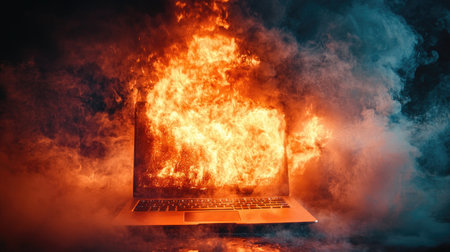 A laptop is seen in mid-explosion, with fire and thick smoke pouring out, symbolizing the dangers of malfunctioning tech.の素材
