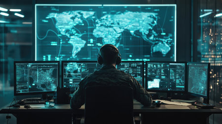 High-tech war room with a soldier using advanced screens and maps for strategic planning and tactical operationsの素材
