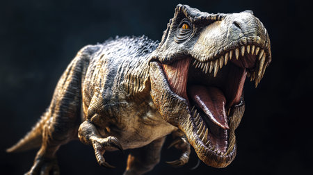 Ferocious Tyrannosaurus rex with powerful jaws open, capturing the raw might and fearsome nature of the prehistoric predator.の素材