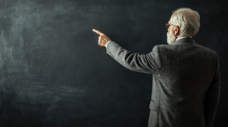 Elderly professor gesturing towards a blank blackboard, embodying the role of the mentor in education and the value of wisdom.の素材
