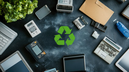 Recycle electronics concept with various devices prepared for sustainable disposal, emphasizing environmental protection.の素材